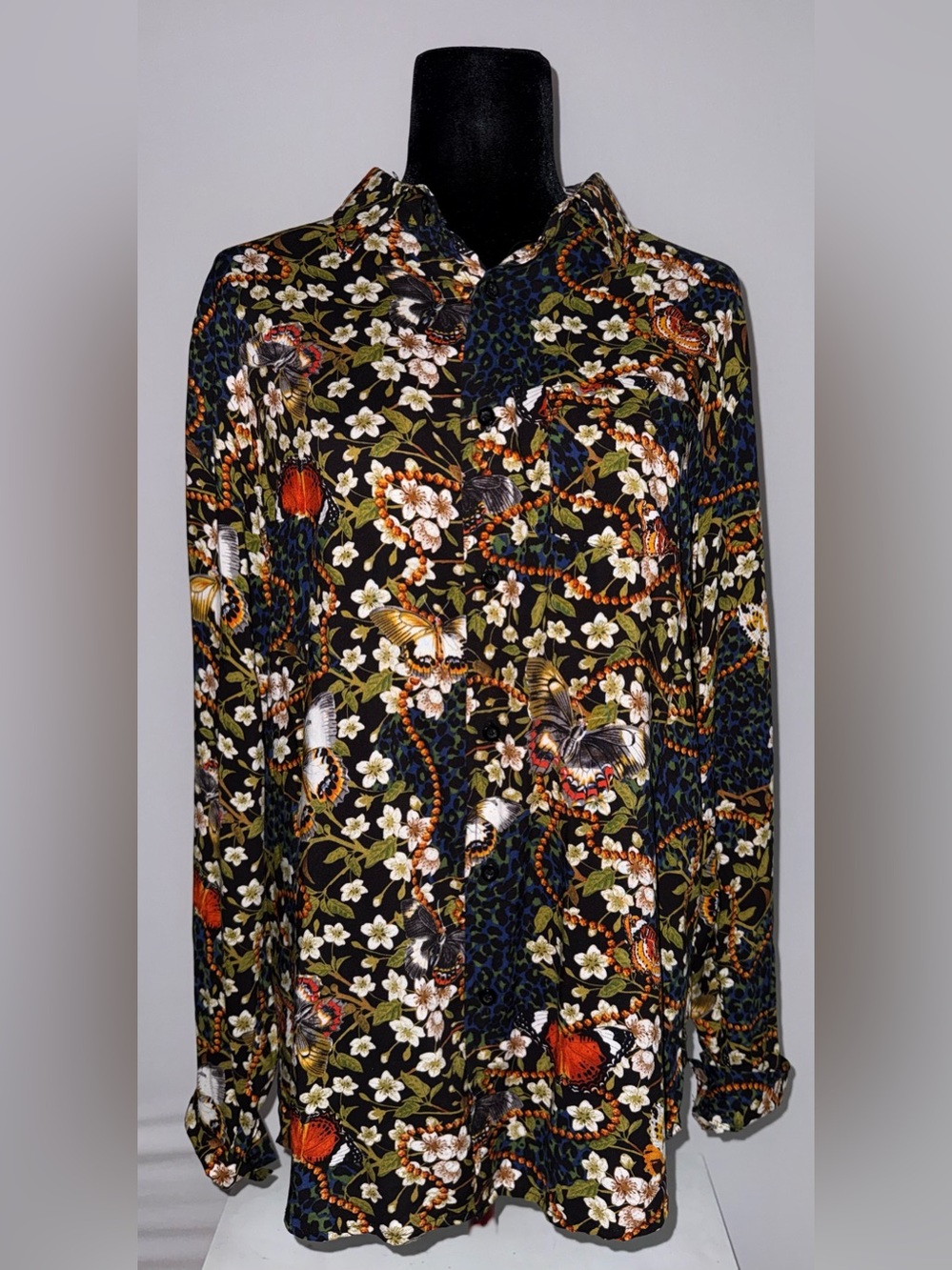 Reason Clothing Unique Floral Butterfly Leopard Print Button Down Shirt L
